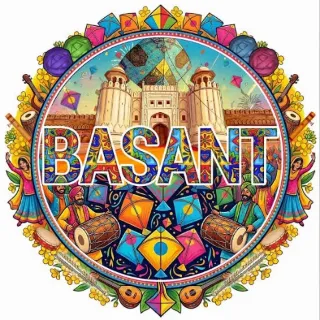 Basant badge showing Lahore Fort, kites and dhol players